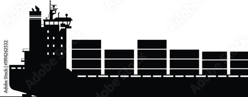 “Silhouette illustration of large cargo container ship with stacked shipping containers symbolizing maritime logistics, international trade, and naval architecture”