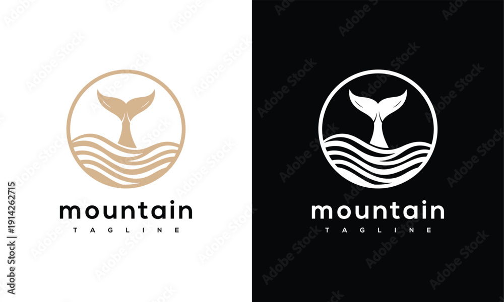 Obraz premium Modern Whale Tail Logo Design with Ocean Waves - Mountain Brand Identity Symbol.