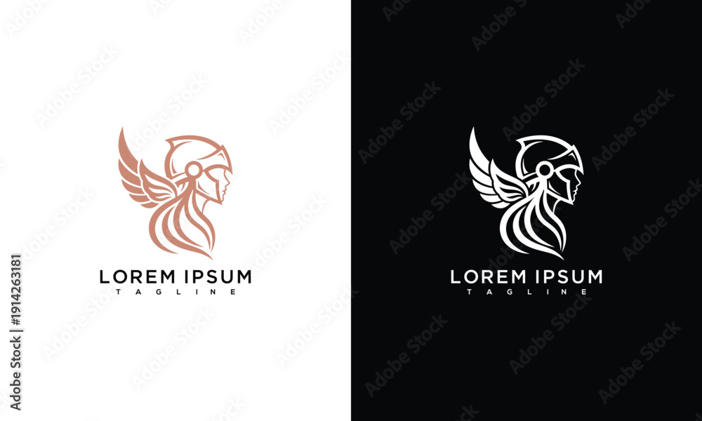 Obraz premium Winged Warrior Head Logo Design - Modern Valkyrie Cyber Goddess Icon Vector.