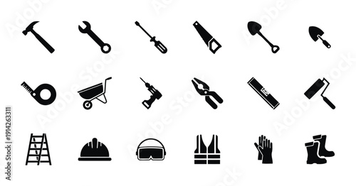 Assortment of construction and DIY tools for building and renovation projects