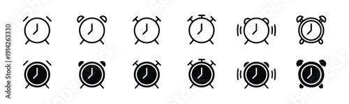 Alarm clock icons set showing time and ringing states in outline and solid
