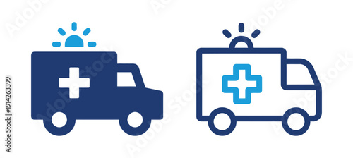 Ambulance icons, emergency medical vehicle with flashing lights
