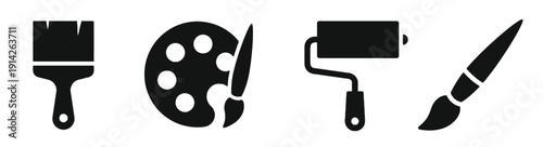 Artist tools collection including paint brushes roller and palette with colors