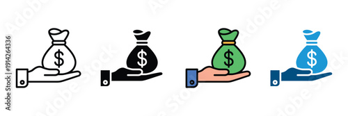 Hand holding money bag icon vector. Finance symbol for investment, wealth savings, banking profit, and business funding set.