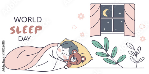 World sleep day with child sleeping peacefully holding teddy bear in cozy room