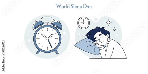 Alarm clock and sleeping man illustration for World Sleep Day celebration.