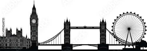 “Silhouette illustration of London landmarks including Big Ben, Tower Bridge, and London Eye symbolizing cultural heritage, tourism, and artistic representation”