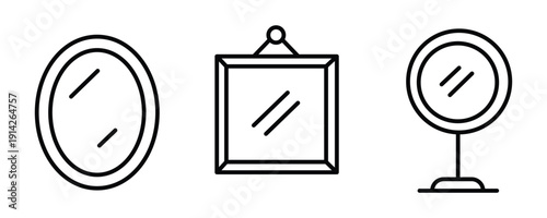 Mirror icon vector set. Home interior decor symbol for oval wall mirror, square hanging frame, and tabletop vanity mirror. Vector illustration.