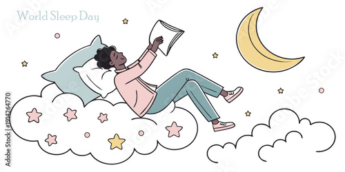 Man reading book on clouds under moon, dreamlike illustration for sleep.