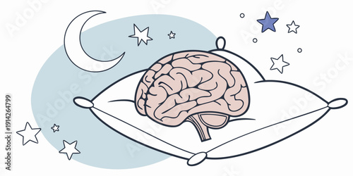 Human brain resting on soft pillow under night sky with moon and twinkling star shapes