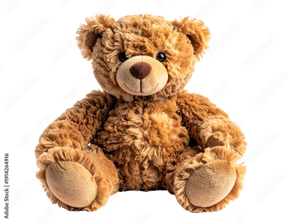 Fototapeta premium Classic Brown Teddy Bear Sitting Front View with Soft Plush Texture, Isolated on White Background