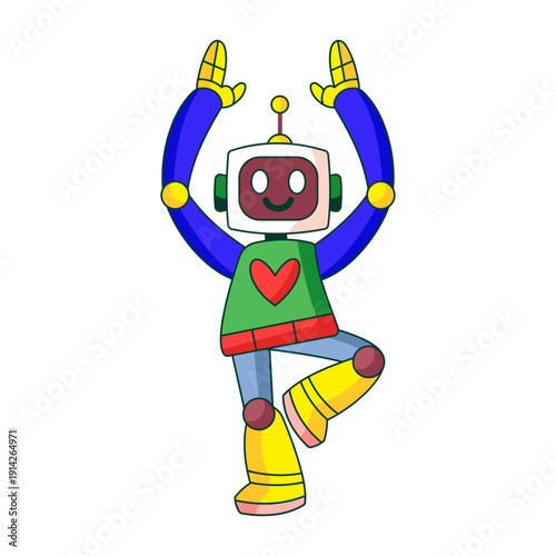 Flat illustration showing a robot character practicing balance exercises
