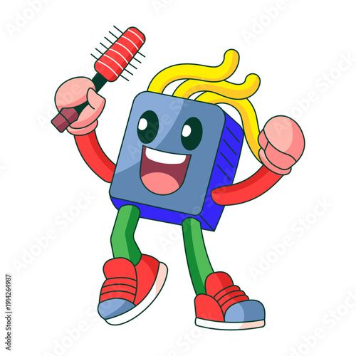 Flat illustration showing a robot character doing hair care
