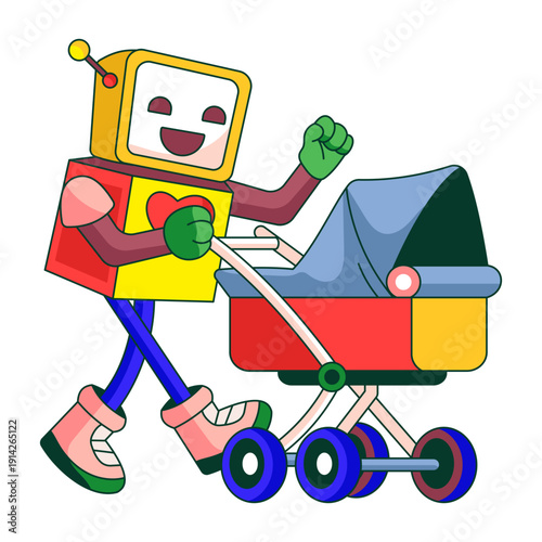 Flat illustration showing a robot character pushing stroller carefully
