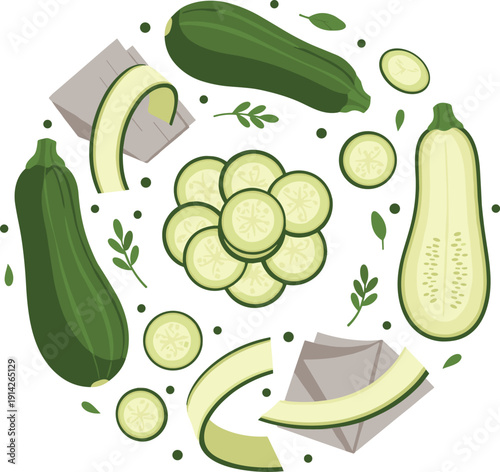 Zucchini Vegetable Vector Illustration with Whole Sliced Pieces and Fresh Green Courgette Ingredients for Healthy Cooking Organic Food Design.