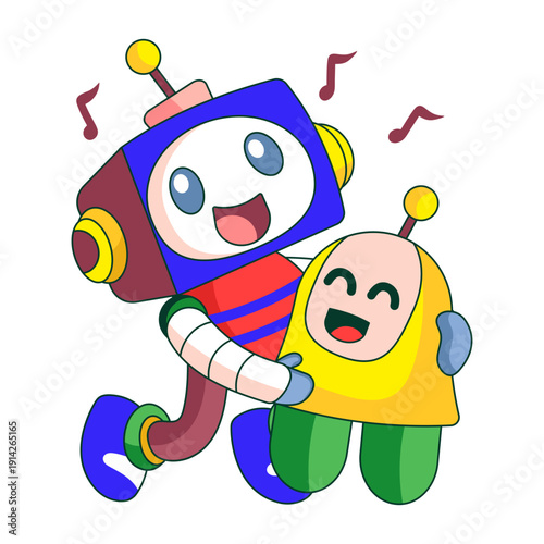 A flat style illustration showing a robot character practicing parenting