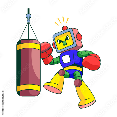 A flat style illustration showing a robot character punching bag
