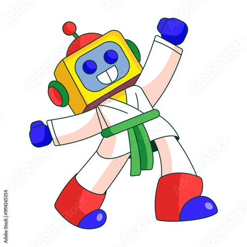 A flat style illustration showing a robot character practicing martial arts