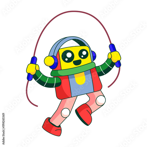 A flat style illustration showing a robot character rope skipping