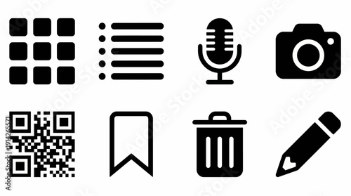 User Interface Vector Icon Set Featuring Grid, List, Microphone, Camera, QR Code, Bookmark, Trash Can, and Pencil for Digital Apps and Graphic Design Use