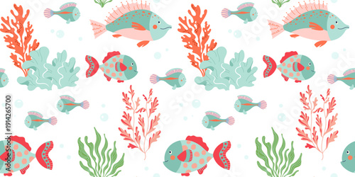 Playful seamless pattern featuring large colorful character fish and soft coral accents. Hand-drawn cartoon style and pastel tones create friendly underwater repeat for kids fabric, nursery textiles