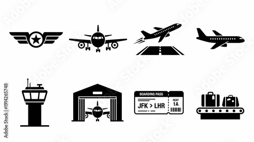 Air Travel Vector Icon Set Featuring Airplane, Takeoff, Flight, Control Tower, Hangar, Ticket, Luggage, and Aviation Emblem for Airport, Travel, and Graphic Design Use