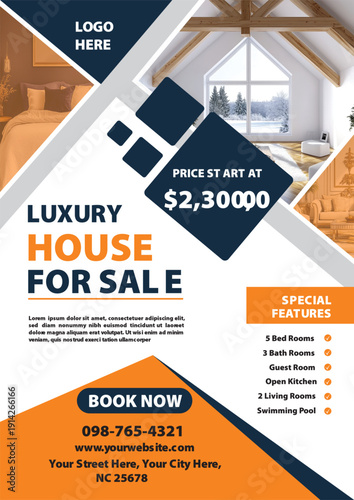 Modern elegant real estate home sale flyer template showcasing spacious interior design, luxury living room layout, property features, and marketing brochure layout for housing promotion.