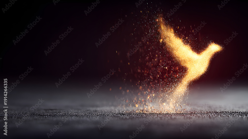 Fototapeta premium Golden phoenix rising from glowing particles in dark space evoking rebirth and hope