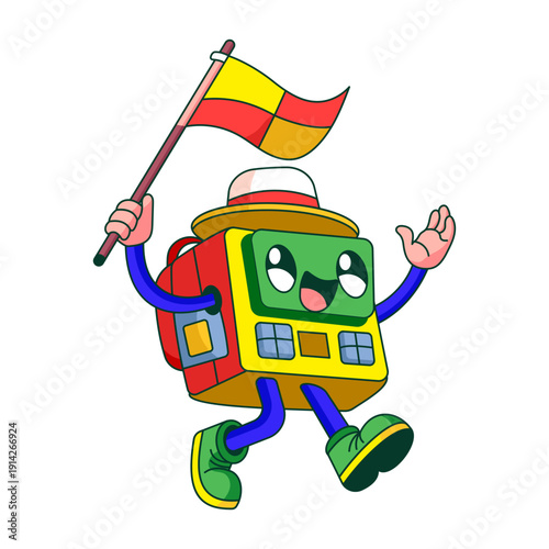 A flat style illustration showing a robot character happily travelling