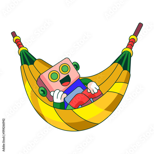 Flat illustration showing a robot character relaxing on hammock