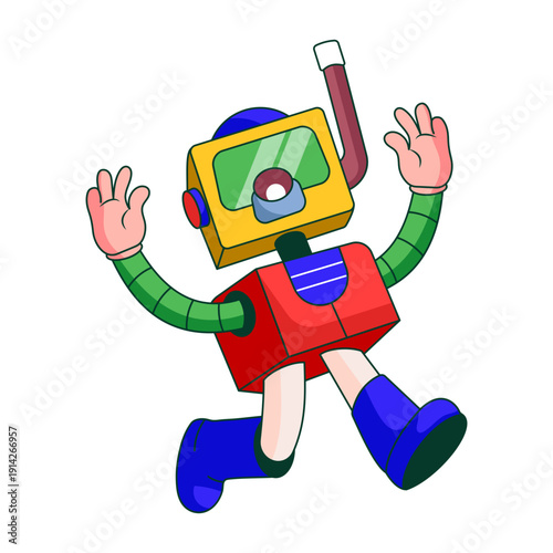A flat style illustration showing a robot character wearing snorkel mask