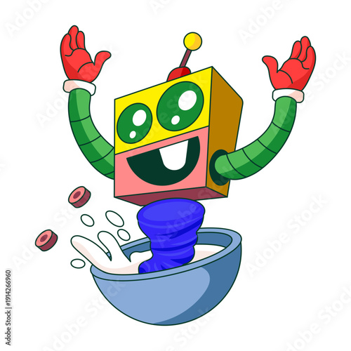 Flat illustration showing a robot character holding cereal bowl