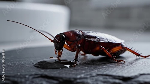 A close-up shot of a cockroach, positioned on a dark surface near a water droplet