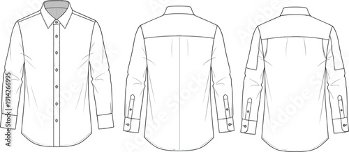 “Technical fashion sketch illustration of long-sleeve button-up shirt with front, back, and sleeve detail symbolizing garment construction and apparel design”