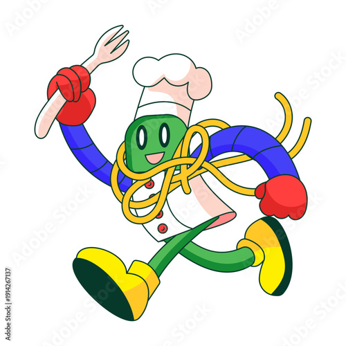 Flat illustration showing a robot character preparing spaghetti dish