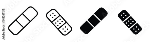 Medical adhesive bandage and plaster icon vector. First aid strip for wound care, injury recovery, and healthcare symbol set. Vector illustration