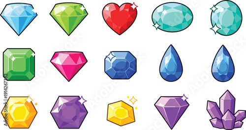 Colorful Gemstone Icon Set with Diamonds Hearts Emeralds Sapphires Crystals and Glossy Cartoon Jewels for Game UI and Mobile App Design