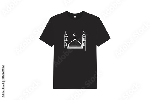 Black T-shirt with white mosque design and crescent moon on front islamic muslim religion