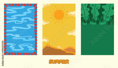 Set of vertical summer banners with abstract landscape and nature elements. Template for Banner, background and etc.