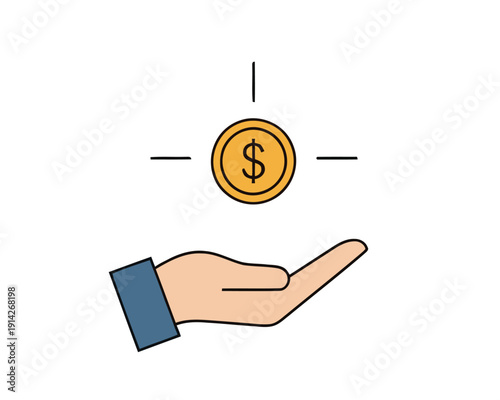 Hand holding a coin, representing financial gain, investment, or wealth creation in a simple, stylized illustration