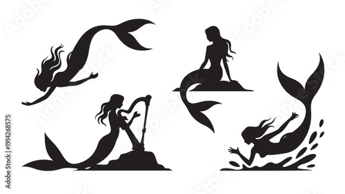 Set of four minimalist black silhouettes of mermaids in various poses on rocks and in water