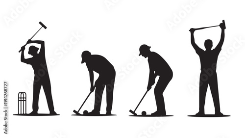 Dramatic silhouettes of golfers in action, showcasing various golfing techniques and poses, captured from a straightforward viewpoint.