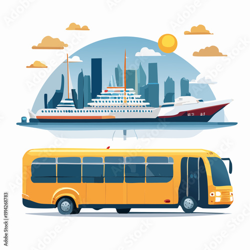 City transit and cruise ship illustration with urban skyline backdrop