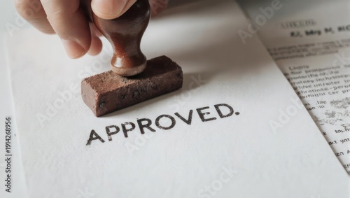 Hand presses wooden stamp onto document marked 