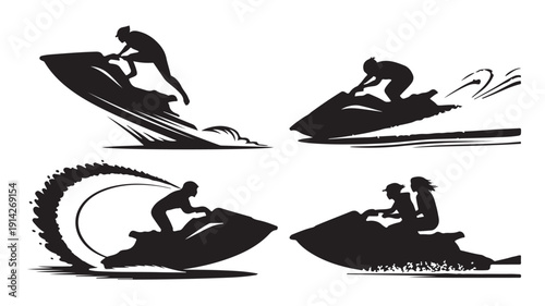 Vector illustration of people riding jet skis in various dynamic poses and actions on water, showcasing speed and thrill from different viewpoints
