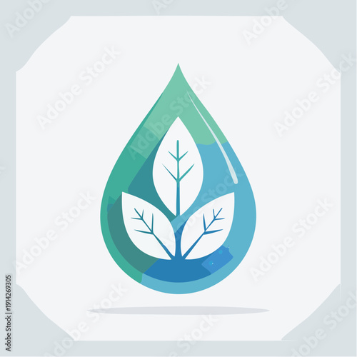 Water drop with three leaves, symbolizing environmental conservation and purity