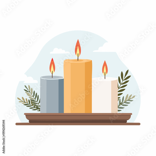 Decorative Group of Lit Candles with Green Leaves Enhancing Calm Ambiance