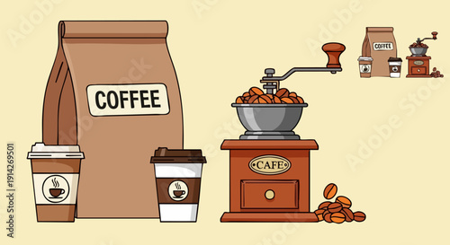 Vector illustration of a brown paper coffee bag, two disposable cups, and a vintage wooden hand grinder with roasted beans, isolated on a light beige background.