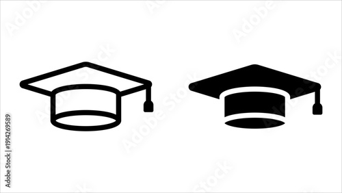 Mortarboard icon set. Black and white graduation cap icons in a minimalistic design.