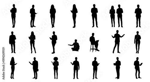 A collection of black silhouettes representing various people in different poses and activities isolated on transparent background, Vector